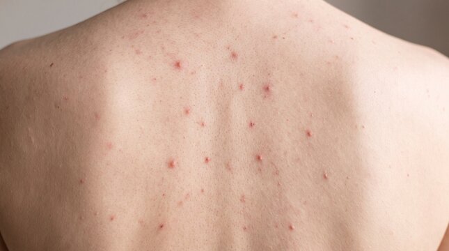 Close up of human back skin with red acne blemishes and pimples, concept of dermatology and skin health