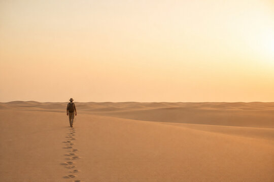 Solitary Journey Through Desert Dunes: A lone traveler walks across vast sand dunes, leaving footprints behind as the sun casts a warm, golden hue over the arid landscape.