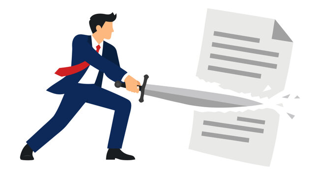 Aggressive businessman in navy suit wielding giant sword slicing through documents with bold flat colors and dynamic action pose on clean white background