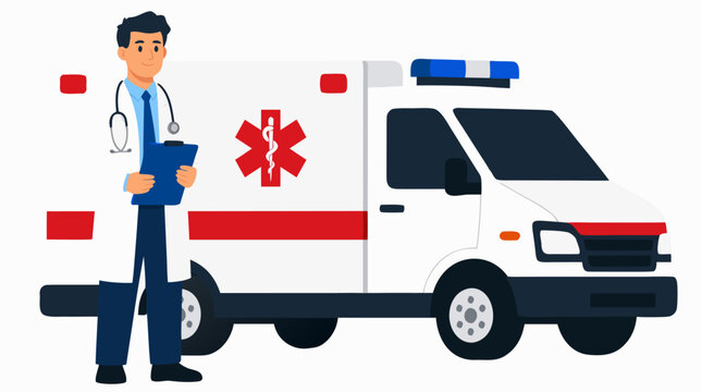 Professional male doctor in white coat with stethoscope holding clipboard standing confidently beside emergency ambulance vehicle with red medical cross symbol