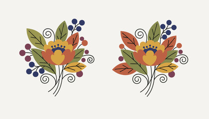 Folk art floral bouquet vector illustration with stylized orange flowers and blue berries on light beige background. © Sumi