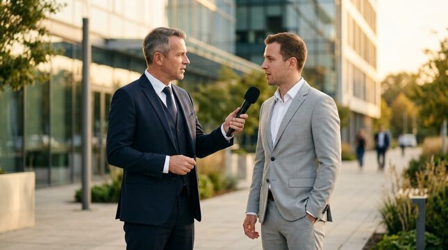 Professional Business Interview Outside Modern Glass Office Building: Male Journalist in Dark Navy Suit Holding Microphone Interviewing Corporate Executive in Light Grey Suit During Sunny Day