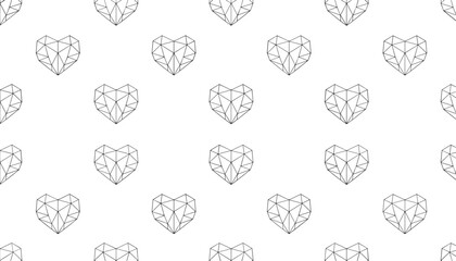 Fototapeta premium Minimalist black and white seamless geometric low poly hearts pattern for modern wrapping paper and design.