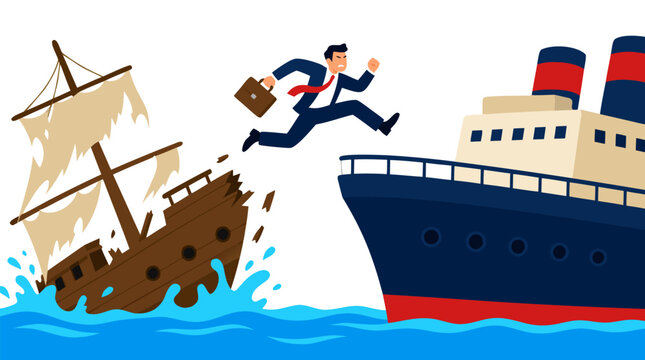 Desperate businessman in suit leaping from sinking wooden ship to modern vessel, clutching briefcase mid-jump over turbulent ocean waves