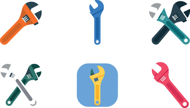 Adjustable Spanner Wrench Flat Icon Set Featuring Colorful Monkey Wrenches Crossed Repair Tools and Modern App Button Badge Designs for Mechanical Services