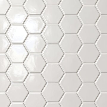White glossy hexagonal ceramic tiles arranged in a honeycomb pattern with reflective surfaces