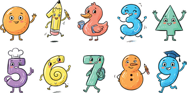Cute Hand Drawn Number and Shape Cartoon Character Set from Zero to Nine for Toddler Math Education Preschool Learning Materials and Kindergarten Nursery Classroom Visuals