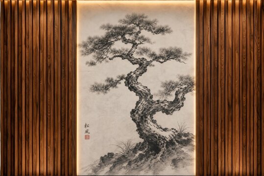 3D wallpaper sticker design for wall decor. Ink wash painting of a pine tree against a wooden slat wall backdrop asian art bonsai brush calligraphy chinese