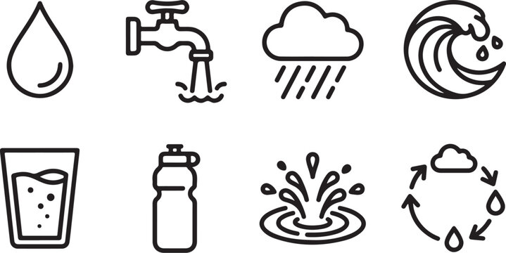 Water cycle and consumption icons set