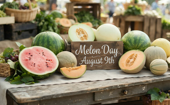 Melon Day celebration market stall with fresh watermelons, cantaloupes, and honeydew melons