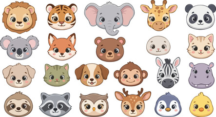 Obraz premium Cute baby animal faces vector set for adorable designs. Playful wildlife cartoon illustrations perfect for children's media and branding.