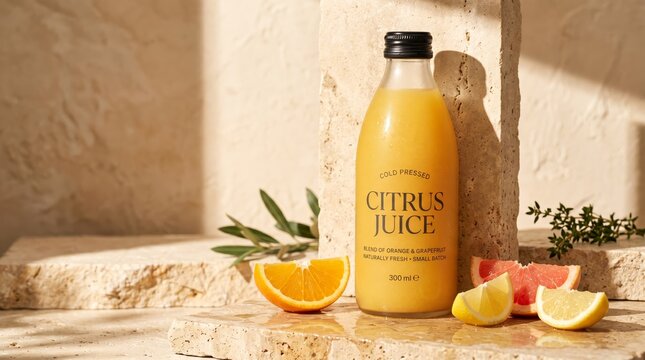 Bottle of fresh orange juice styled with citrus fruits and olive branch on stone surface, natural healthy drink concept