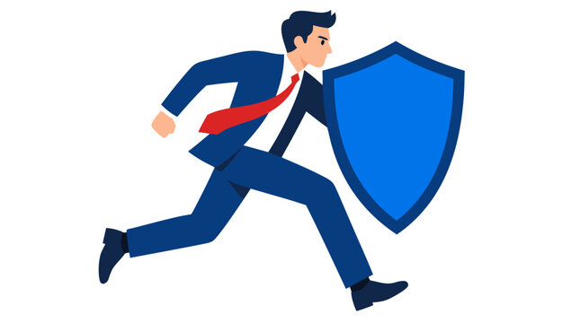 Flat vector illustration of a determined businessman in a suit running forward while carrying a large blue protective shield, symbolizing corporate security, risk management, and professional defense.
