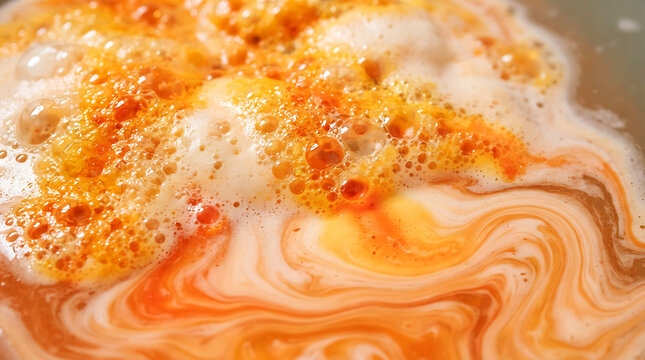 Swirling orange and yellow bath bomb liquid in water, close-up