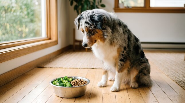 Fluffy Australian Shepherd Dog with Beautiful Merle Coat Sitting on Light Hardwood Floor Looking Down at Bowl of Fresh Broccoli and Dry Kibble Near Sunlit Window in Cozy Modern Home Interior
