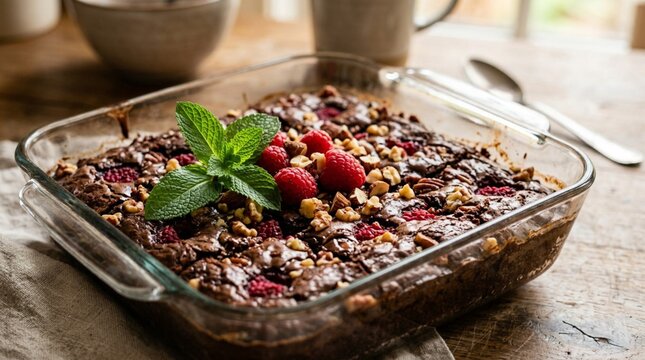 Rich homemade chocolate brownie cake studded with fresh raspberries, crunchy walnuts, and garnished with vibrant mint sprig, served in rustic glass baking dish on wooden table, decadent dessert treat