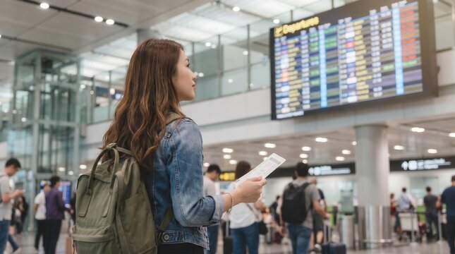 Woman with backpack holds a boarding pass and looks up at a departures and arrivals flight information screen in a busy terminal with travelers and check-in counters