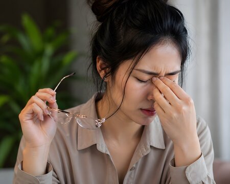 Glasses Headache Pain, Stress Nose Pinch, Eye Fatigue Moment, Burnout Discomfort, Overworked Woman
