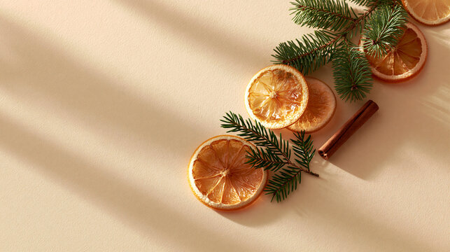Minimalist Scandinavian Christmas Flat Lay Concept with Soft Sunlight and Window Shadows 