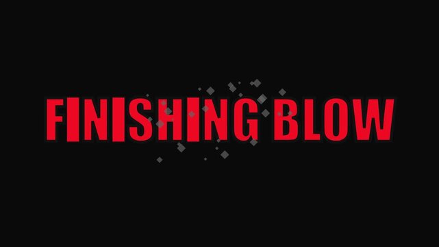 Finishing blow text animation with particle effects on 4k black background, for gaming and, sports highlights