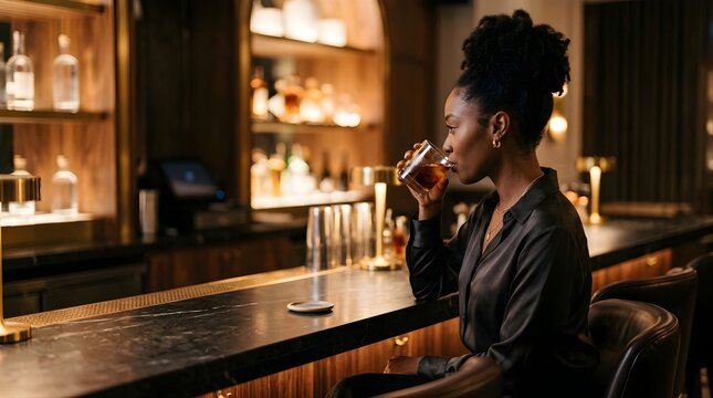 Elegant black woman drinking whiskey at a luxury bar counter in evening