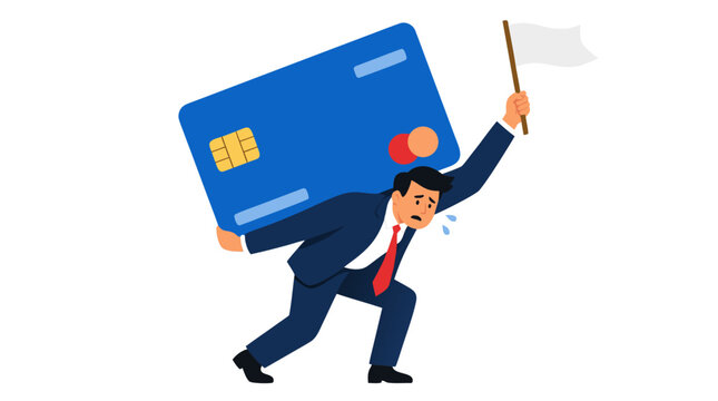 A stressed businessman in a suit surrendering under heavy debt, carrying an oversized blue credit card and waving a small white surrender flag. Financial crisis, debt burden, and bankruptcy concept.
