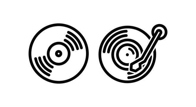 Vinyl record and turntable music player line icons with turntable musician listening entertainment collection performance auditory instrument