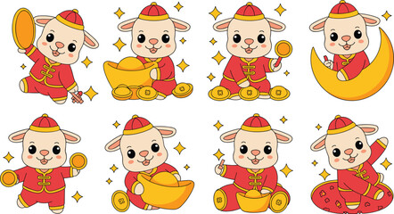 Obraz premium Cute Chinese New Year goat vector character set with gold ingots coins isolated on white background