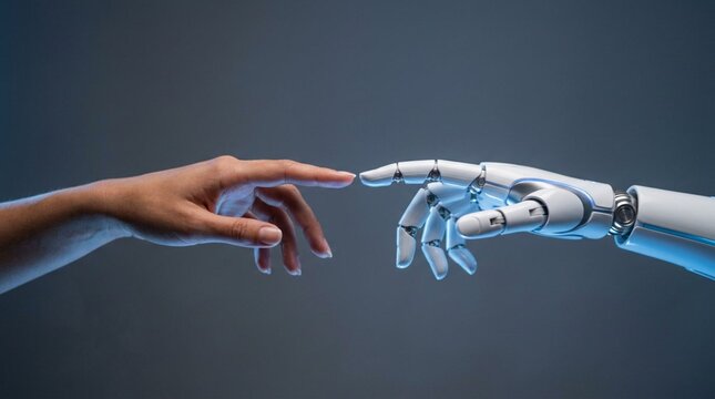 Human and white robotic hand reaching toward each other with fingertips nearly touching against soft blue background representing AI technology connection and human-machine collaboration