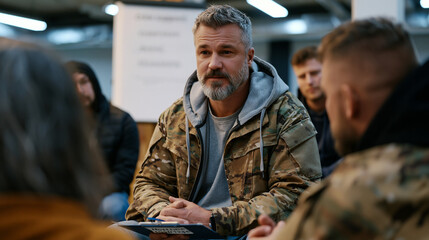Fototapeta premium Veteran peer counselor sitting in a semicircle with six other veterans in a church basement, a whiteboard behind him reading crisis support resources, the counselor holding a clipboard with a hotlin