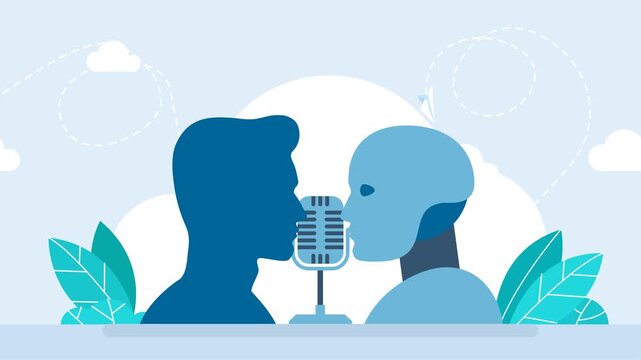 Human and robot conducting discussion on public debates. Artificial intelligence technology. A human and a robot are talking into a microphone. AI technology. Debate. 2d flat animation. Video
