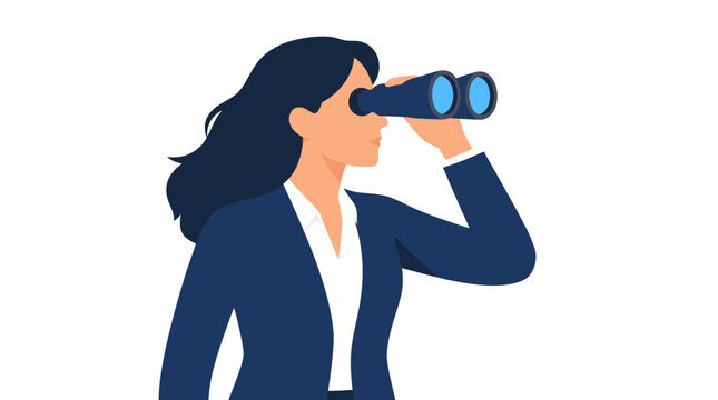 Professional businesswoman peering through binoculars scanning horizon for new market opportunities and strategic vision in modern flat design style