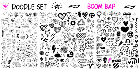 doodle set with hand drawn symbols on white background icons stars hearts clouds © Ankan