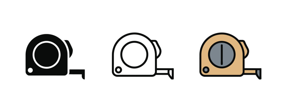 Tape measure icons featuring construction measuring tools, DIY equipment, builder ruler, engineering measurement, renovation supplies, and precision scale symbols in black, white, and yellow vector st