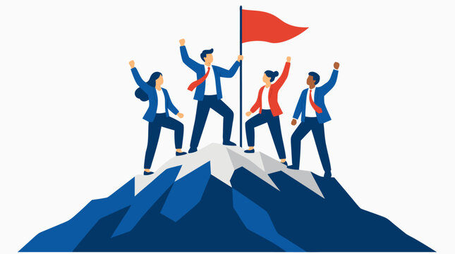 Triumphant business team celebrating success at mountain summit with red flag, bold flat design illustration of corporate achievement and teamwork victory