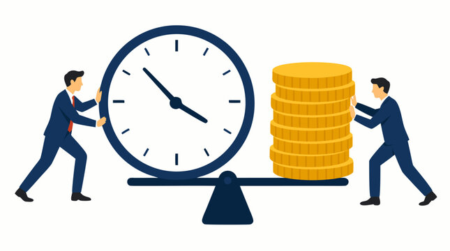 Two businessmen balancing large clock and golden coin stack on scale, symbolizing time management and financial equilibrium in modern business strategy