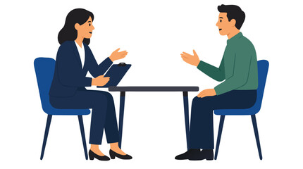 Fototapeta premium Professional job interview scene with businesswoman holding clipboard questioning male candidate across table in modern office setting