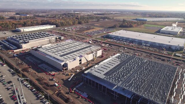 Multiple large data centers building in central Ohio near New Albany under construction being built near Columbus, OH as aerial view drone footage of tech storage center for industry is completed 2026
