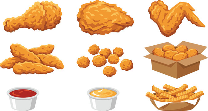 Crispy fried chicken set featuring drumstick breast wing tenders popcorn nuggets in box dipping sauces and crinkle cut french fries vector