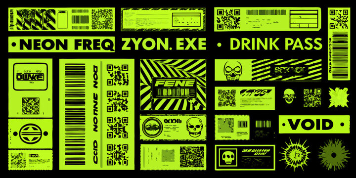 neon freq zyon exe drink pass collage neon green black code barcode skull