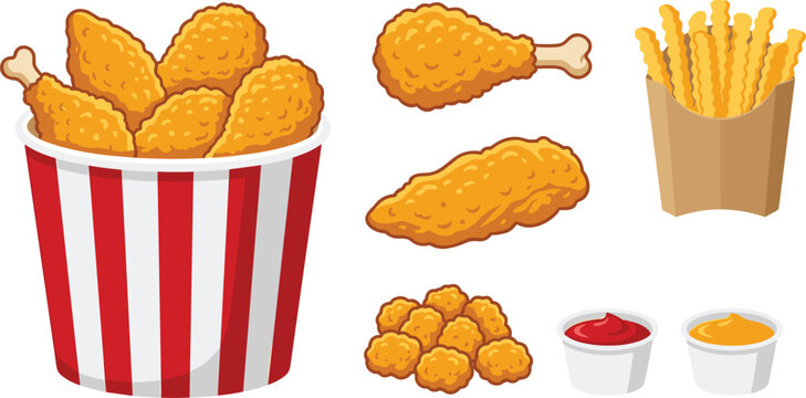 Crispy fried chicken fast food combo set with striped bucket drumsticks breast fillet nuggets crinkle cut french fries and dipping sauces vector