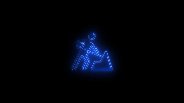 Neon road construction sign animation: glowing blue worker symbol for traffic and infrastructure projects