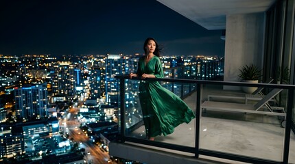 Fototapeta premium Elegant woman in green dress standing on balcony overlooking city at night