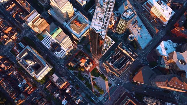 Over the top of the highest Boston building. 200 Clarendon from drone footage at sunset.