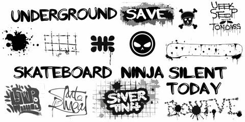 underground graffiti elements vector black and white skateboard ninja silent today artwork street © Ankan