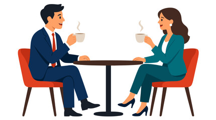 Obraz premium Professional business meeting over coffee: male executive in navy suit and female colleague in teal blazer conversing at modern cafe table with steaming beverages