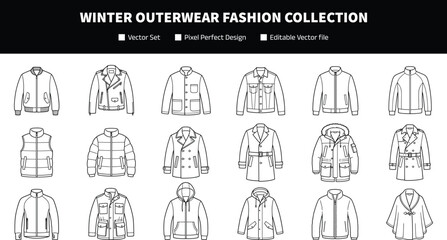 Winter Outerwear Fashion Collection with Jacket Coat and Vest Line Art Symbols for Apparel Graphic Design Projects © SunilKumar