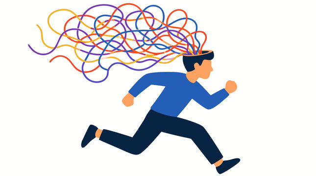Dynamic man sprinting forward with vibrant tangled thoughts exploding from mind, bold colorful abstract mental chaos escaping head, modern vector illustration