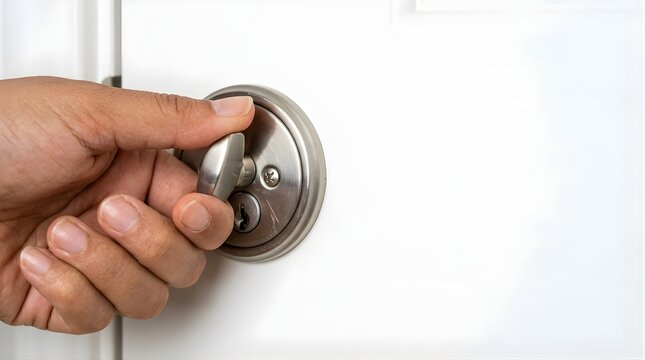 Hand locking a deadbolt on a white door to secure the home interior