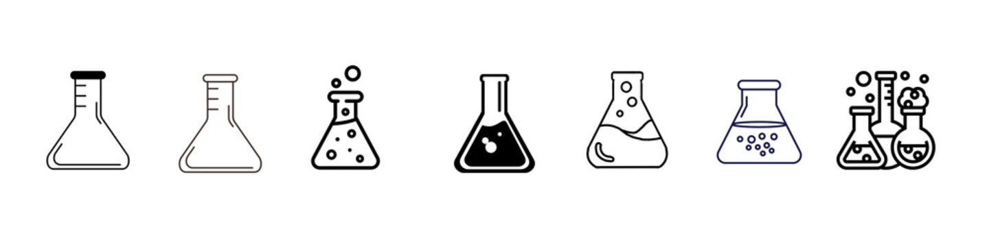 Set of conical flask icons representing laboratory research, science experiments, and chemical analysis, isolated on a transparent background, PNG vector illustration